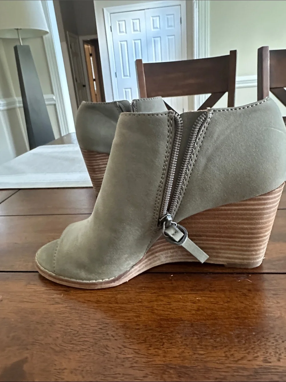 Jessica Simpson Suede Peep-Toe Wedge Booties in Olive - Women